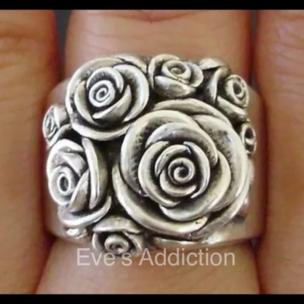 Exquisite 925 sterling Silver Vintage Retro blooming Rose Flower ring wide